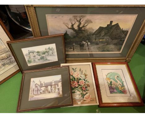 FIVE FRAMED PIECES TO INCLUDE PICTURES AND A TAPESTRY 