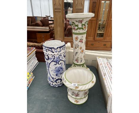 A CAPODIMONTE PLANTER AND JARDINAIRE STAND AND A FURTHER BLUE AND WHITE STICK STAND 