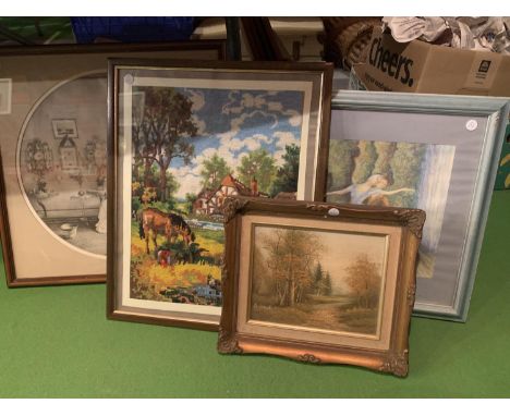 FOUR FRAMED PICTURES TO INCLUDE A CANVAS, A BLACK AND WHITE PRINT AND A TAPESTRY 