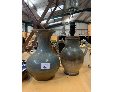 A STONEWARE BULBUS VASE TOGETHER WITH STONEWARE STYLE BARLEYTWIST HANDLE TABLE LAMP 
