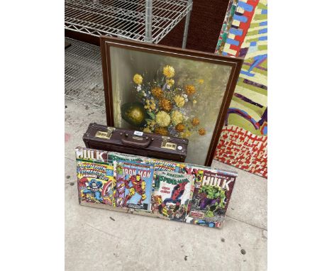 A LEATHER BRIEFCASE A FRAMED PRINT AND A MARVEL CANVAS 