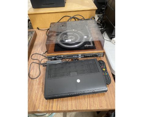 A HMV BSR RECORD PLAYER AND A VIRGIN MEDIA BOX 