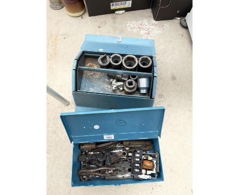 TWO METAL TOOL BOXES TO INCLUDE AN ASSORTMENT OF TOOLS INCLUDING INCH DRIVE SOCKETS, SPANNERS AND PLIERS ETC 