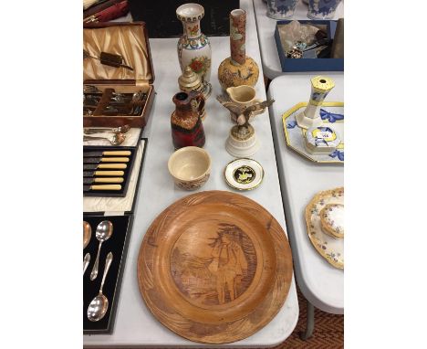 TWO ORIENTAL STYLE VASES, A STEIN VESSEL, AN EAGLE CERAMIC MUSICAL ORNAMENT, LARGE WOODEN PLATE ETC. 