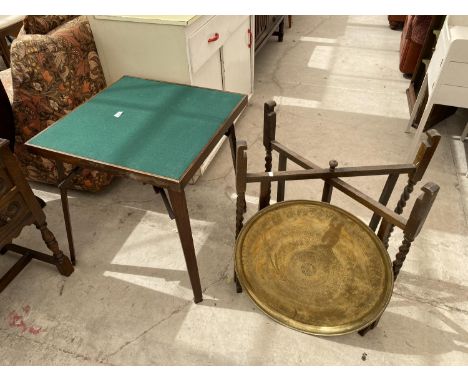 A FOLDING CARD TABLE WITH GREEN BAIZE TOP AND CONVERTABLE BARLEYTWIST TABLE BASE, 22.5" BRASS TABLE TOP 