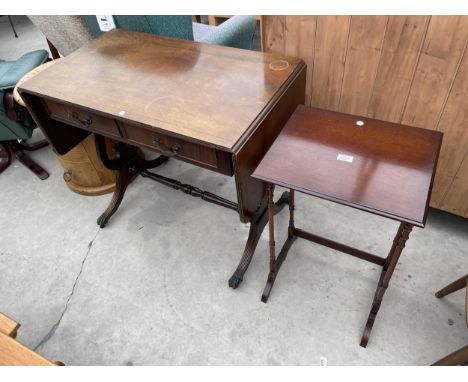 A REPRODUCTION MAHOGANY SOFA TABLE AND A MAHOGANY OCCASIONAL TABLE 