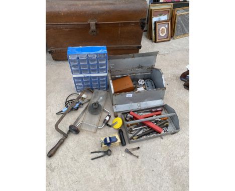 AN ASSORTMENT OF HAND TOOLS TO INCLUDE MINITURE STORAGE CHEST, A TOOLS BOX AND SPANNERS ETC 