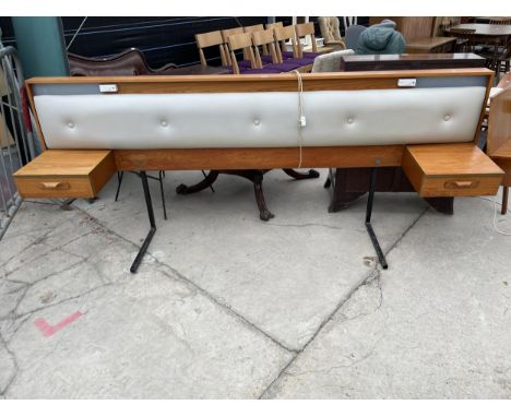 A RETRO TEAK CONTINENTAL HEADBOARD WITH TWO DRAWERS, BUTTON BACK, ON BOX STEEL FRAME, 5' 5" WIDE, WITH LIGHTING 