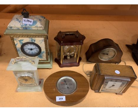 FIVE CLOCKS TO INLCUDE A XAVIER MARBLE MANTEL CLOCK, A FERRANTI ART DECO STYLE CLOCK (A/F), A BAROMETER ETC. 