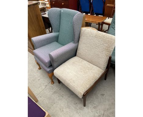 A TEAK FRAMED BEDROOM CHAIR, A WINGED FIRESIDE CHAIR AND A BLACK POUFFE 