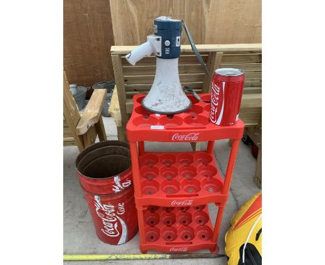 A COCA-COLA SHELVING UNIT, COCA-COLA BINS AND MONEY BOX AND  A MEGAPHONE 