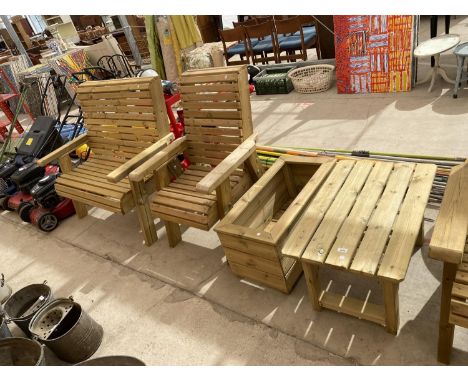 A WOODEN GARDEN FURNITURE SET TO INCLUDE A TWO SEATER BENCH, A CHAIR, A PLANTER AND A SIDE TABLE 