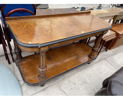 A VICTORIAN POLLARD OAK TWO TIER BUFFET WITH TURNED AND FLUTED COLUMNS, 58" WIDE 