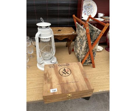 AN ASSORTMENT OF ITEMS TO INCLUDE AN OIL LAMP AND A SMALL STOOL ETC 