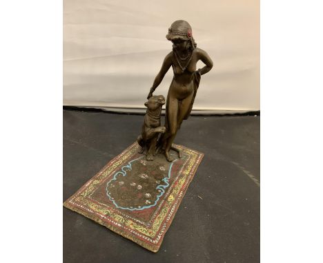 A COLD PAINTED BRONZE OF A NUDE LADY WITH HER LEOPARD LENGTH 16CM 