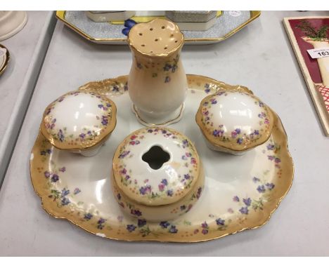 A GOLD RIMMED CHINA DRESSING TABLE SET COMPRISING TRAY (A/F), LIDDED TRINKET DISHES ETC. MARKED 908 TO BASE 