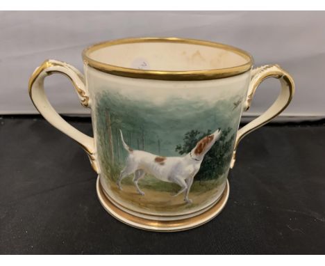 A TWIN HANDLED 'THOMAS HUMPHREYS 1885' LOVING CUP WITH HAND PAINTED HUNTING DOG SCENE, SIGNED W.BOURNE 