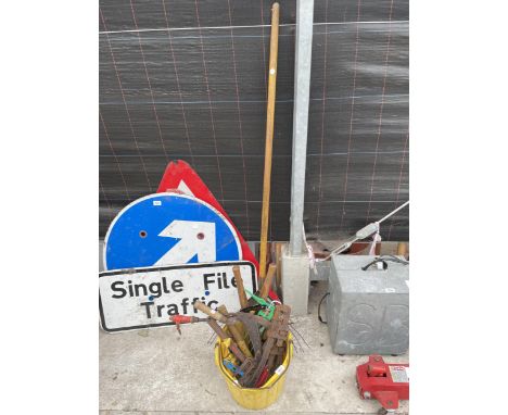 AN ASSORTMENT OF HAND TOOLS TO INCLUDE A RAKE AND STILSENS 