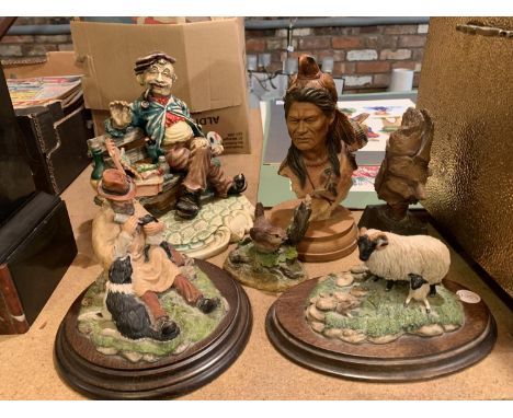 SIX CERAMIC FIGURINES OF SHEEP, RED INDIANS, BIRD ETC INCLUDE COUNTRY ARTISTS 