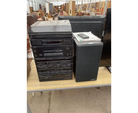 A KENWOOD STEREO SYSTEM WITH RECORD PLAYER, CD PLAYER, TAPE DECK AND SPEAKERS ETC 