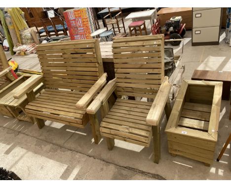 A WOODEN GARDEN FURNITURE SET TO INCLUDE A TWO SEATER BENCH, A CHAIR AND A PLANTER 