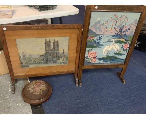 TWO TAPESTRY FIRE SCREENS AND A TAPESTRY FOOT STOOL 