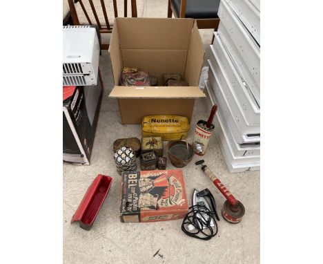 AN ASSORTMENT OF VINTAGE TINS TO INCLUDE AN ESSO FLIT SPRAYER ETC 