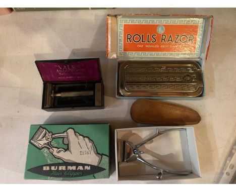 ASSORTED VINTAGE RAZORS, CLIPPERS, CAMERA AND CAMERA EQUIPMENT ETC. 
