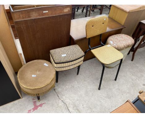 A 1950'S WICKER EFFECT SEWING BOX ON BLACK LEGS AND A KITCHEN CHAIR, LLOYD LOOM OTTOMAN AND AN UPHOLSTERED STOOL 