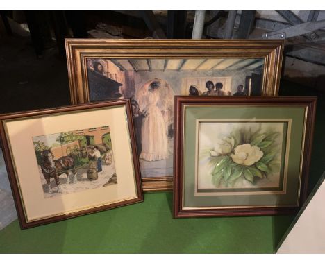 THREE FRAMED PICTURES TO INCLUDE A BRIDAL SCENE, A TAPESTRY AND A BOX 3D FLORAL PICTURE 