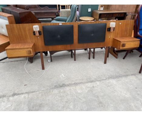 A RETRO TEAK CONTINTENTAL HEADBOARD WITH TWO DRAWERS, BUTTON BACK, WITH LIGHTING, 4' 11" WIDE 