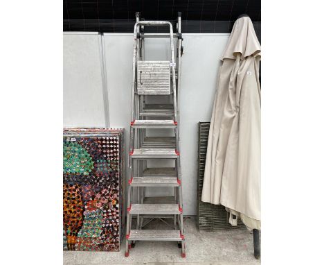 A FIVE RUNG ALLUMINIUM STEP LADDER AND TWO THREE WAY COMBINATION LADDERS 