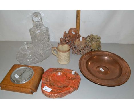 Mixed Lot: Soap stone carving, small barometer, decanter, copper bowl etc