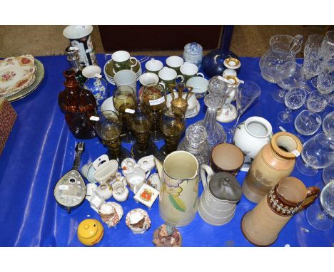 Mixed Lot: Various assorted tea wares, crested china wares, hock glasses, dressing table candlesticks, Doulton jug etc