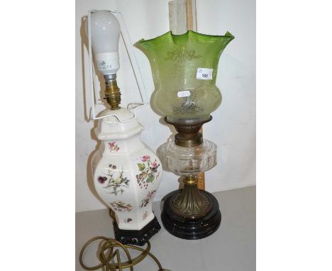 Late Victorian oil lamp with later electrical conversion together with a further table lamp