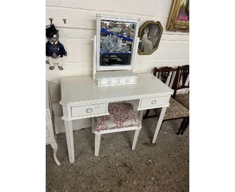 Modern white dressing table with accompanying stool and mirror