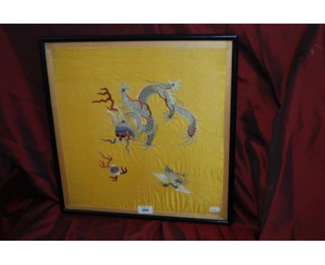 Early 20th Century Chinese Embriodered Yellow SilkPanel , depicting a Dragon, a Flaming Pearl & a Ho-Ho Bird (40 x40cm )