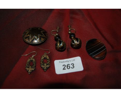 Antique Oval silver & Agate Brooch , 1 pair of Victorian black Earings inset with Gold & 1 black Brooch inlaid with yellow me