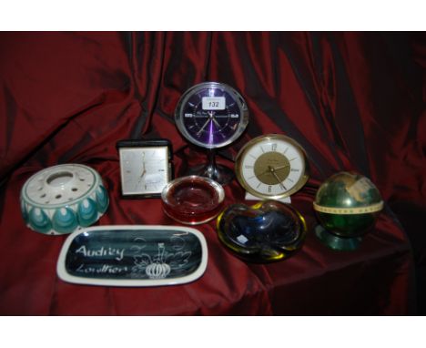 2 Retro Big Ben Clocks, 2 Murano Glass Ashtrays , 2 pieses of Jersey Pottery , Trustee Saving Bank Globe Money Box & 1 Travel