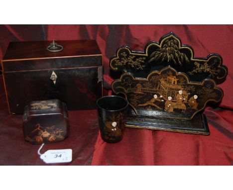 19th Century Mahog/Tea Caddy Box Together with a Japanese Black Laquered Letter Rack Depicting Gilded Figures in a Garden, a 