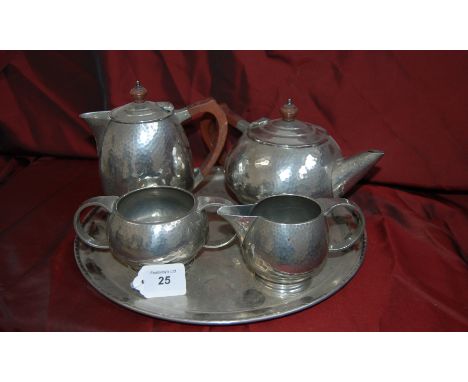 Handmade Arts & Crafts English pewter 4 piece tea service on a tray.