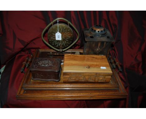 2 Victorian Oak trays, a Brass Dinner Gong on an Oak Stand & Art Deco Copper& Glass light Shade & 2 Musical Jewellery Boxes