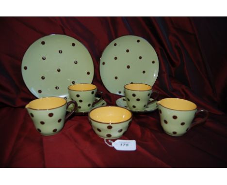 Devon pottery green polka dot vintage tea china, 6 cups, 9 saucers, 11 tea plates, 2 side plates, 2 milk jugs & 2 sugar bowls
