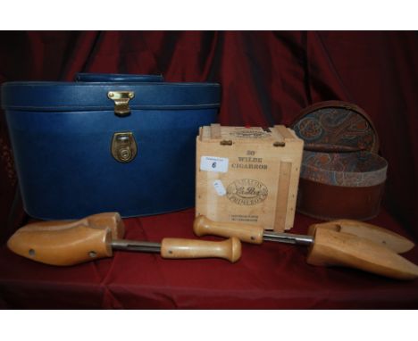 3-Pairs of Vintage Wooden Shoe Stretchers, 1-Leather Shirt Collar Box, 1-Wood Lapaz Cigar Box, Containing Chess & Draught Pie