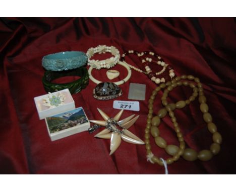 1 bag of Art Deco 1930's costume jewellery ect , to include - bead necklaces,braceletes, brooches, 1 Mother of pearl Gaming c