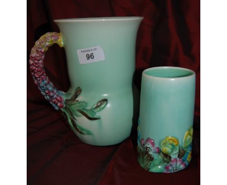 Clarice Ciff green jug with floral handle and small vase by Wilkinson Ltd. England.