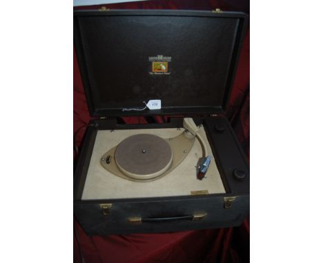 Art Deco HMV portable electric record player with an unusual head cartridge marked 34 & 35.