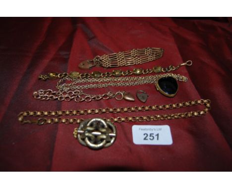 Vintage Gold plated jewellery to include a Hardstone Locket, 3 Bracelets , a Necklace , a Brooch & 1 spare Lock - Catch