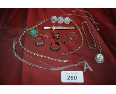 Bag of Silver Jewellery to include a Floral & Scroll Ring  by E. Christopherson (.830) , 4 other rings , a Filigree & Turquoi