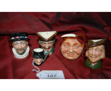 1 R/D tiny character jug (3.5cm) & 4 others (approx 6cm).
